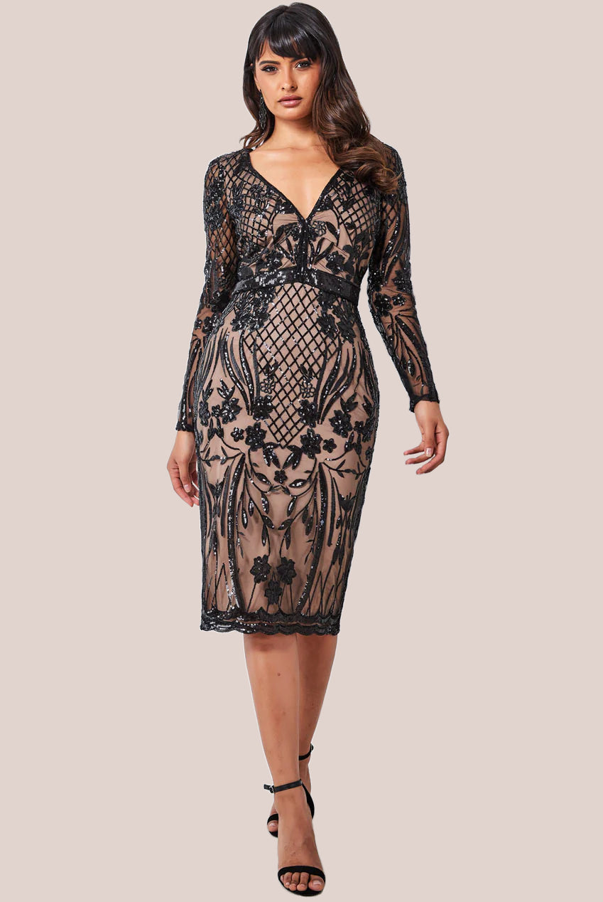 Full Sleeve Sequin Midi Dress - Black DR3269