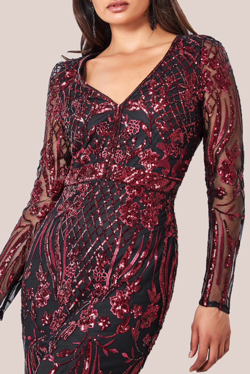 Full Sleeve Sequin Midi Dress - Wine DR3269