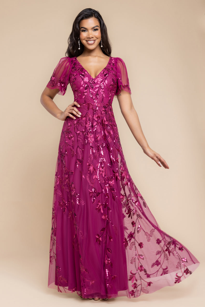 Flared Sleeve Embroidered Maxi Dress - Magenta DR3279A