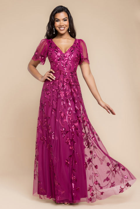 Flared Sleeve Embroidered Maxi Dress - Magenta by Goddiva