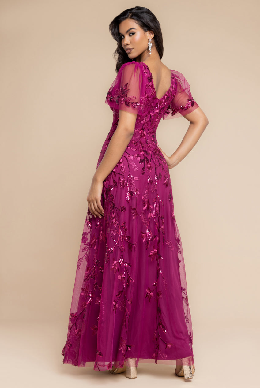 Flared Sleeve Embroidered Maxi Dress - Magenta DR3279A