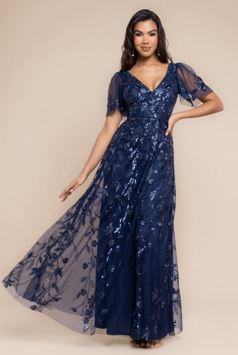 Flared Sleeve Embroidered Maxi Dress - Navy Blue by Goddiva