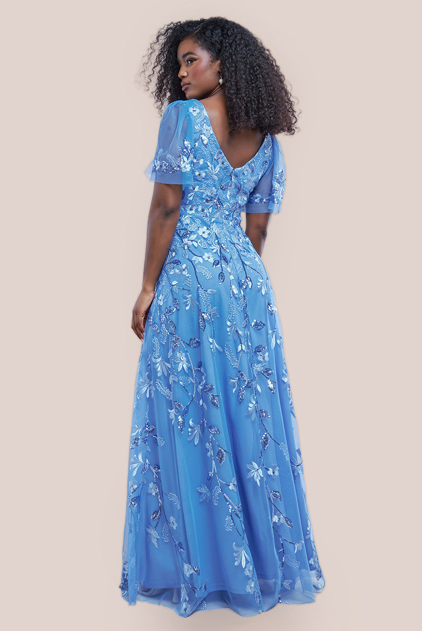 Flared Sleeve Embroidered Maxi Dress - Cornflower Blue DR3279A