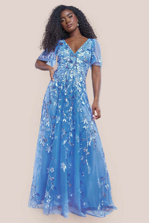 Flared Sleeve Embroidered Maxi Dress Cornflower Blue