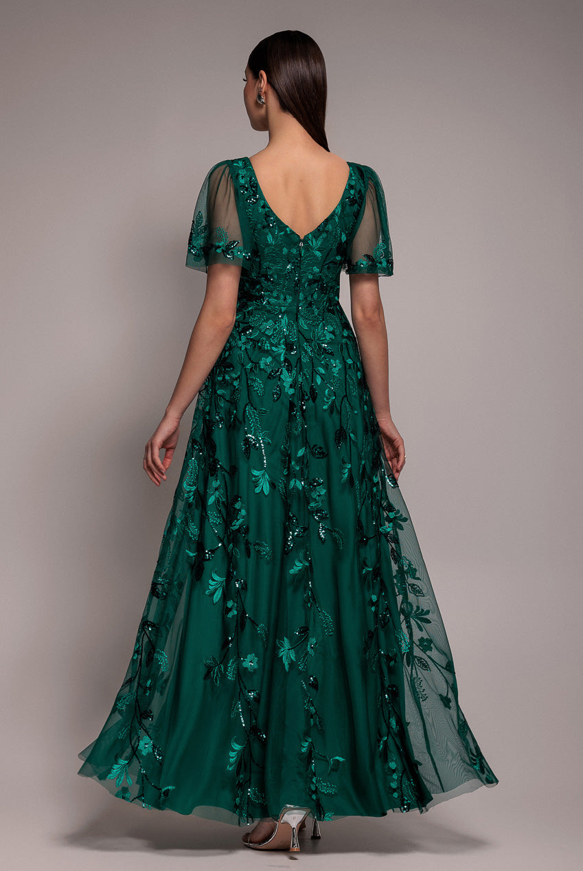 Flared Sleeve Embroidered Maxi Dress - Emerald Green DR3279