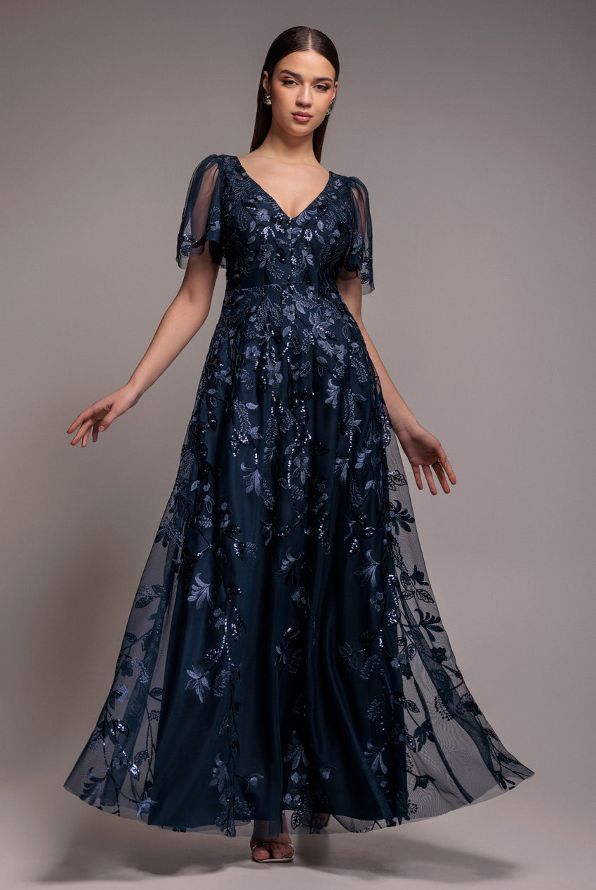 Flared Sleeve Embroidered Maxi Dress - Navy Blue DR3279A