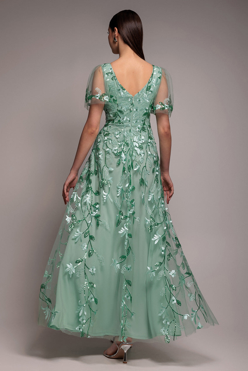Flared Sleeve Embroidered Maxi Dress - Sage Green DR3279