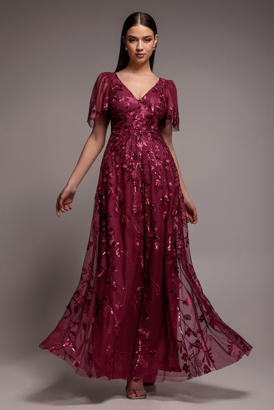 Magenta - Flared Sleeve Embroidered Maxi Dress - Magenta by Goddiva
