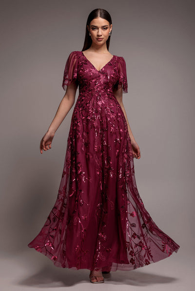 Flared Sleeve Embroidered Maxi Dress - Magenta by Goddiva