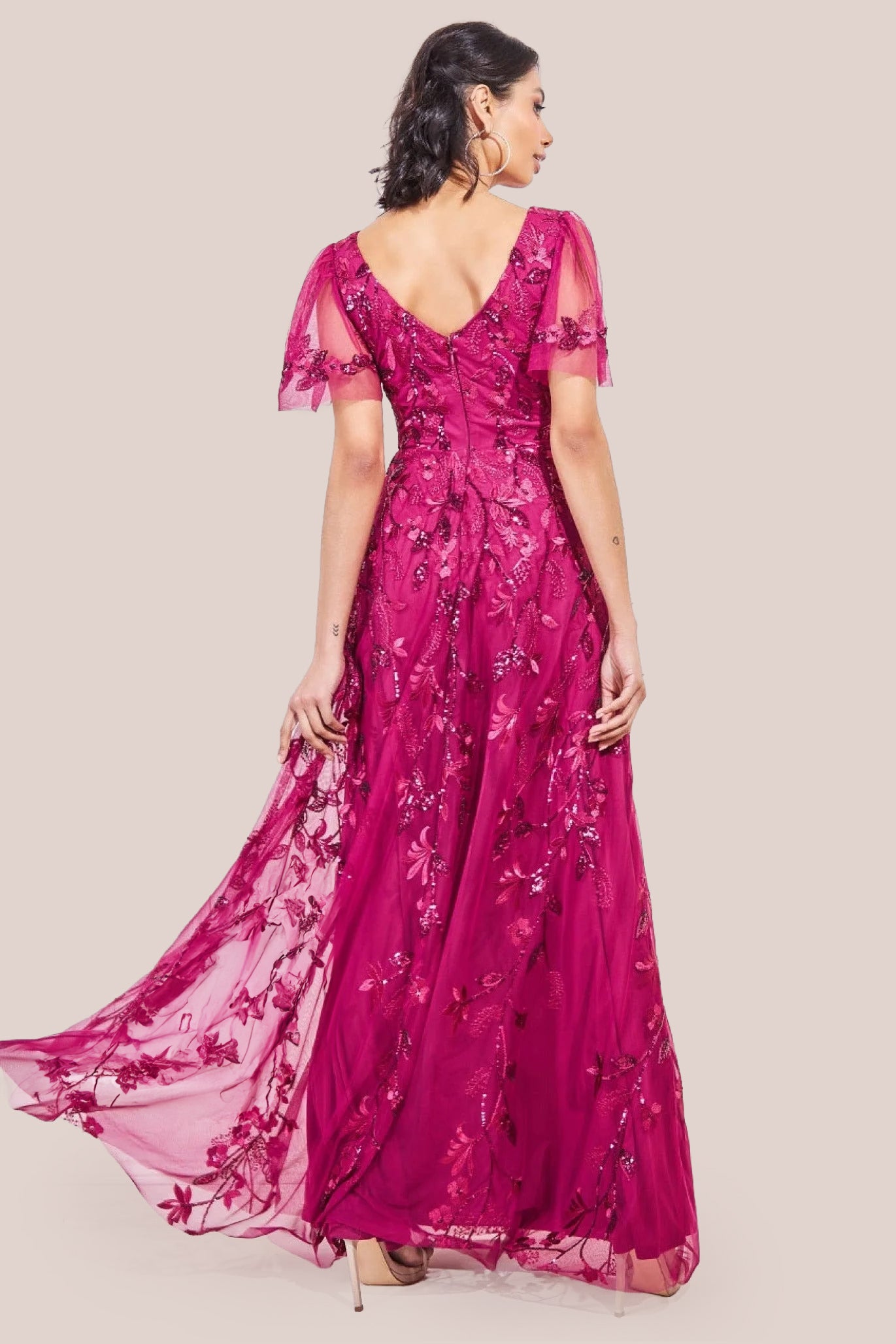 Flared Sleeve Embroidered Maxi Dress - Magenta DR3279A