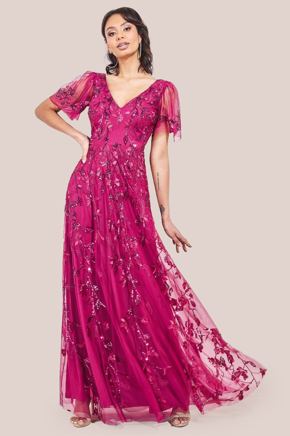 Flared Sleeve Embroidered Maxi Dress - Magenta DR3279A