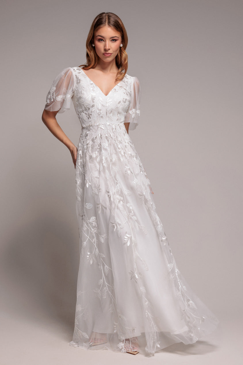 Flared Sleeve Embroidered Maxi Dress - White DR3279A
