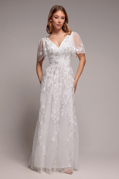 v cut formal dress Flared Sleeve Embroidered Maxi Dress - White