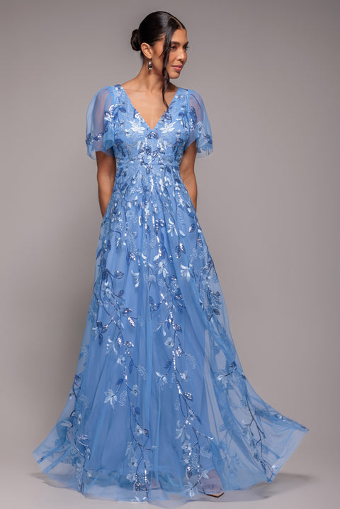 Flared Sleeve Embroidered Maxi Dress - Cornflower Blue by Goddiva