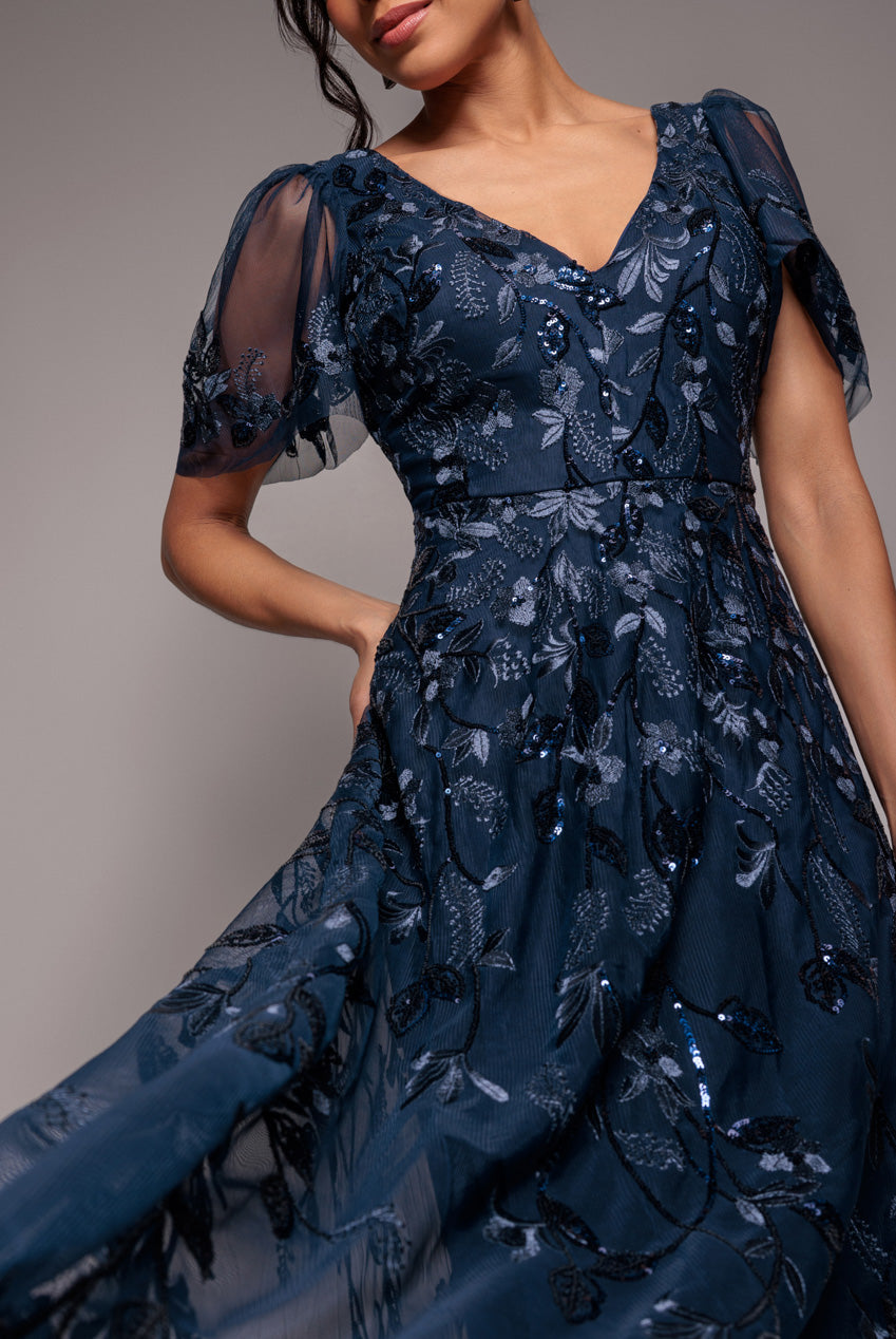 Flared Sleeve Embroidered Maxi Dress - Navy Blue DR3279A