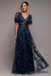 Flared Sleeve Embroidered Maxi Dress - Navy Blue by Goddiva