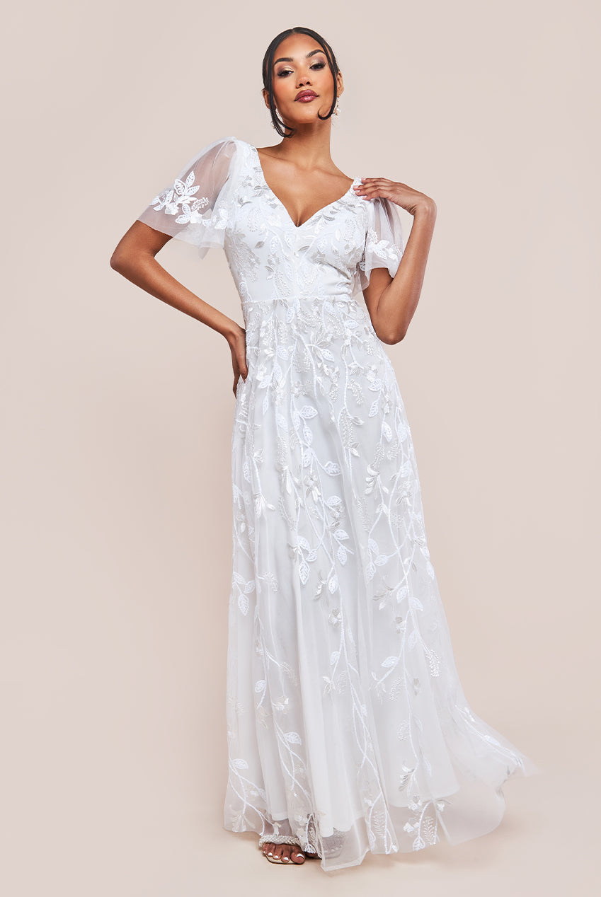 Flared Sleeve Embroidered Maxi Dress - White DR3279A