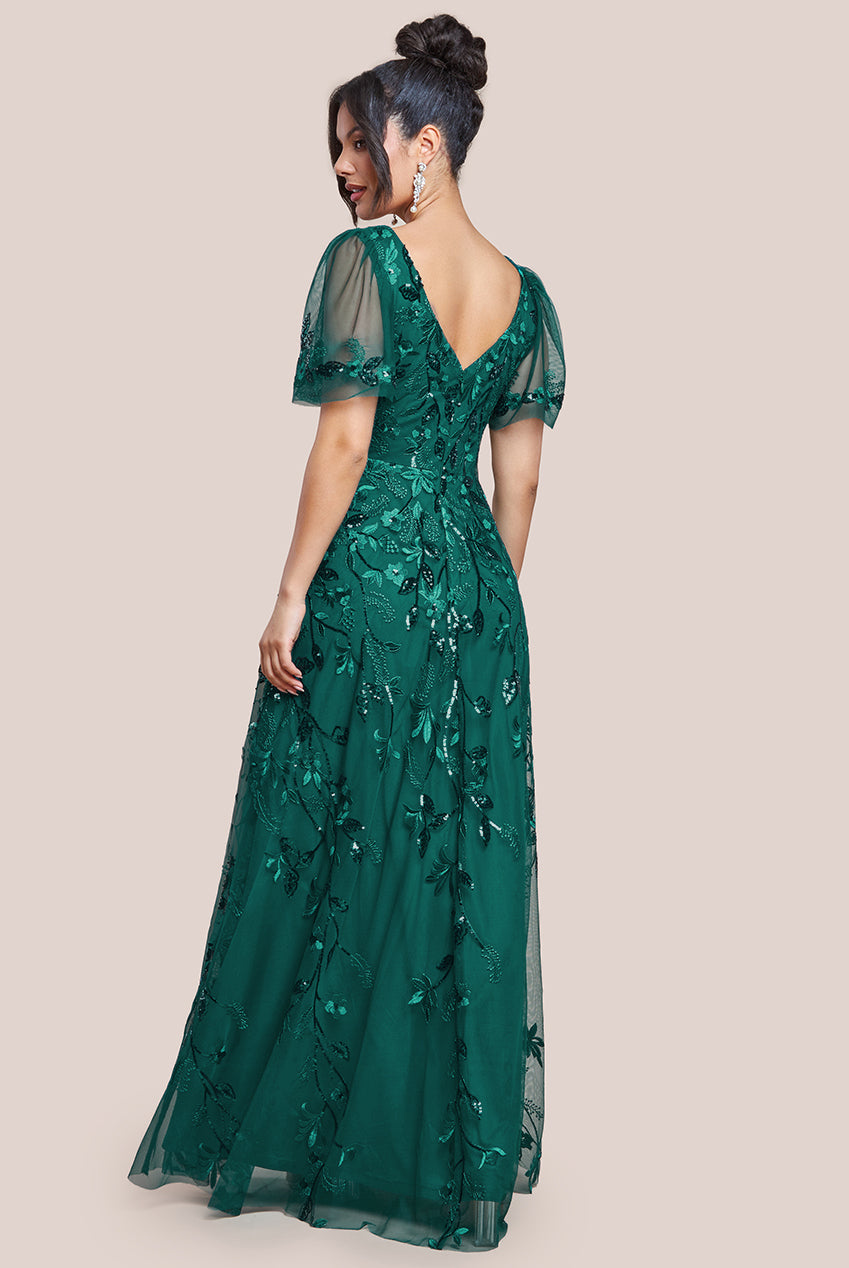 Flared Sleeve Embroidered Maxi Dress - Emerald DR3279