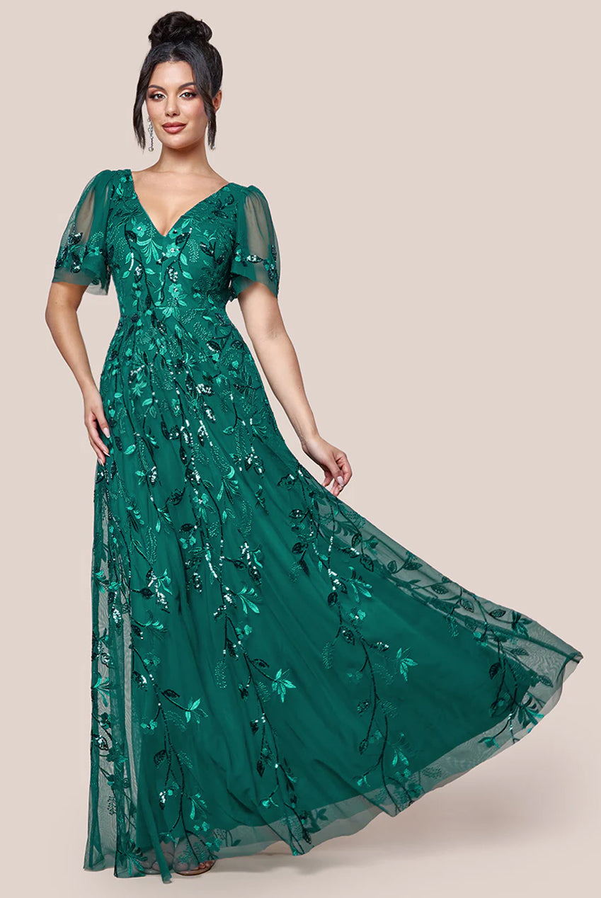 Flared Sleeve Embroidered Maxi Dress - Emerald DR3279