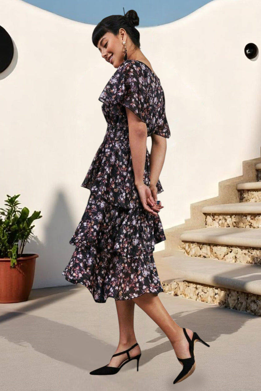 Floral Layered Midi With Flutter Sleeves - Navy DR3296