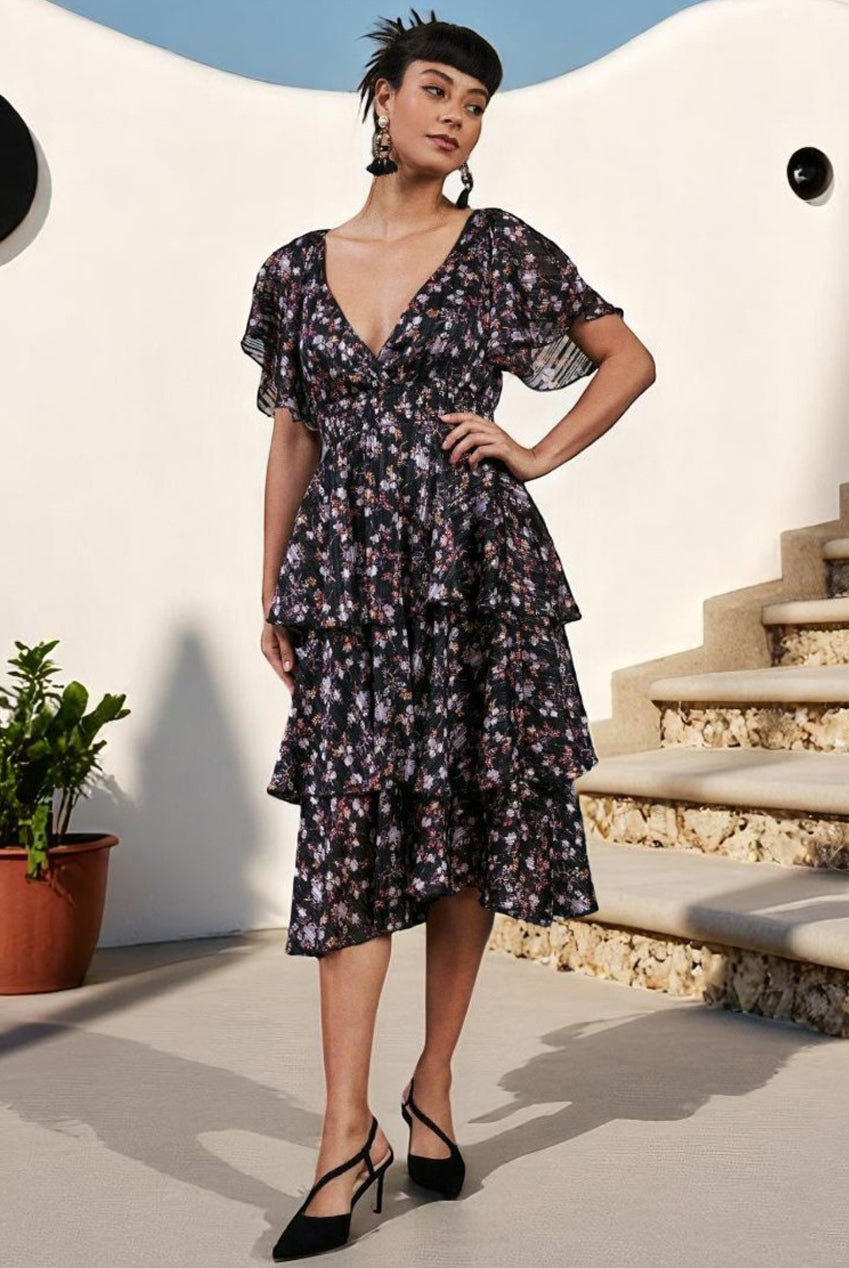Floral Layered Midi With Flutter Sleeves - Navy DR3296