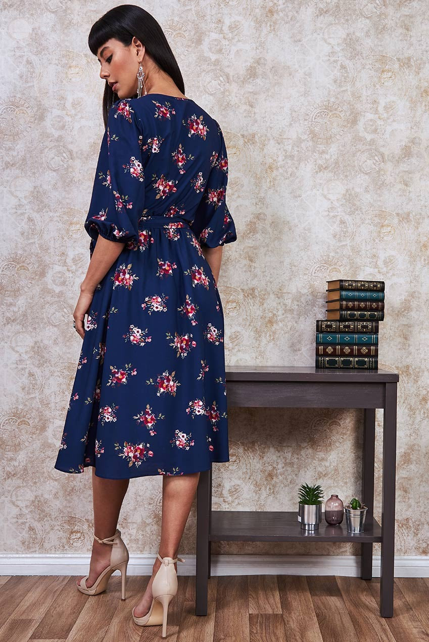 Wrap Style Floral Midi Dress - Navy DR3299