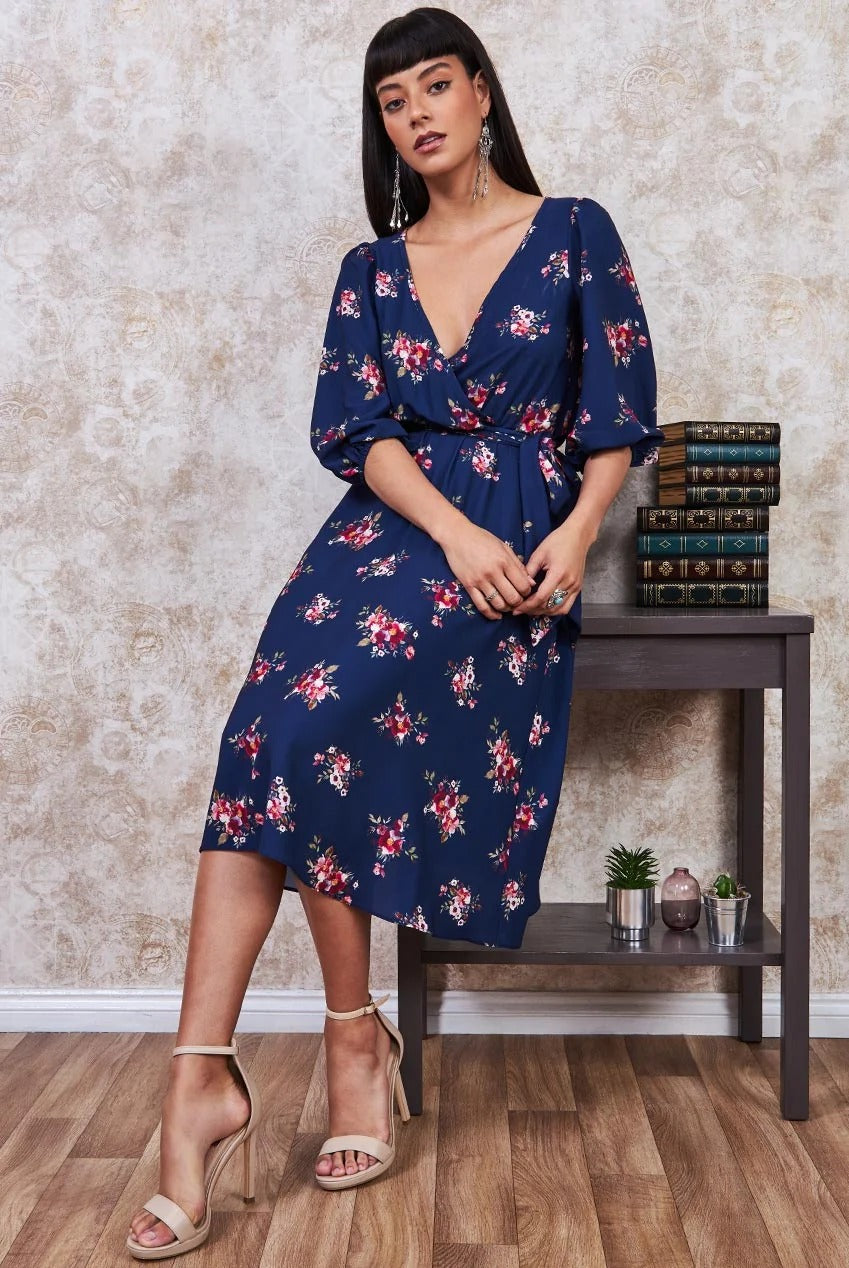 Wrap Style Floral Midi Dress - Navy DR3299