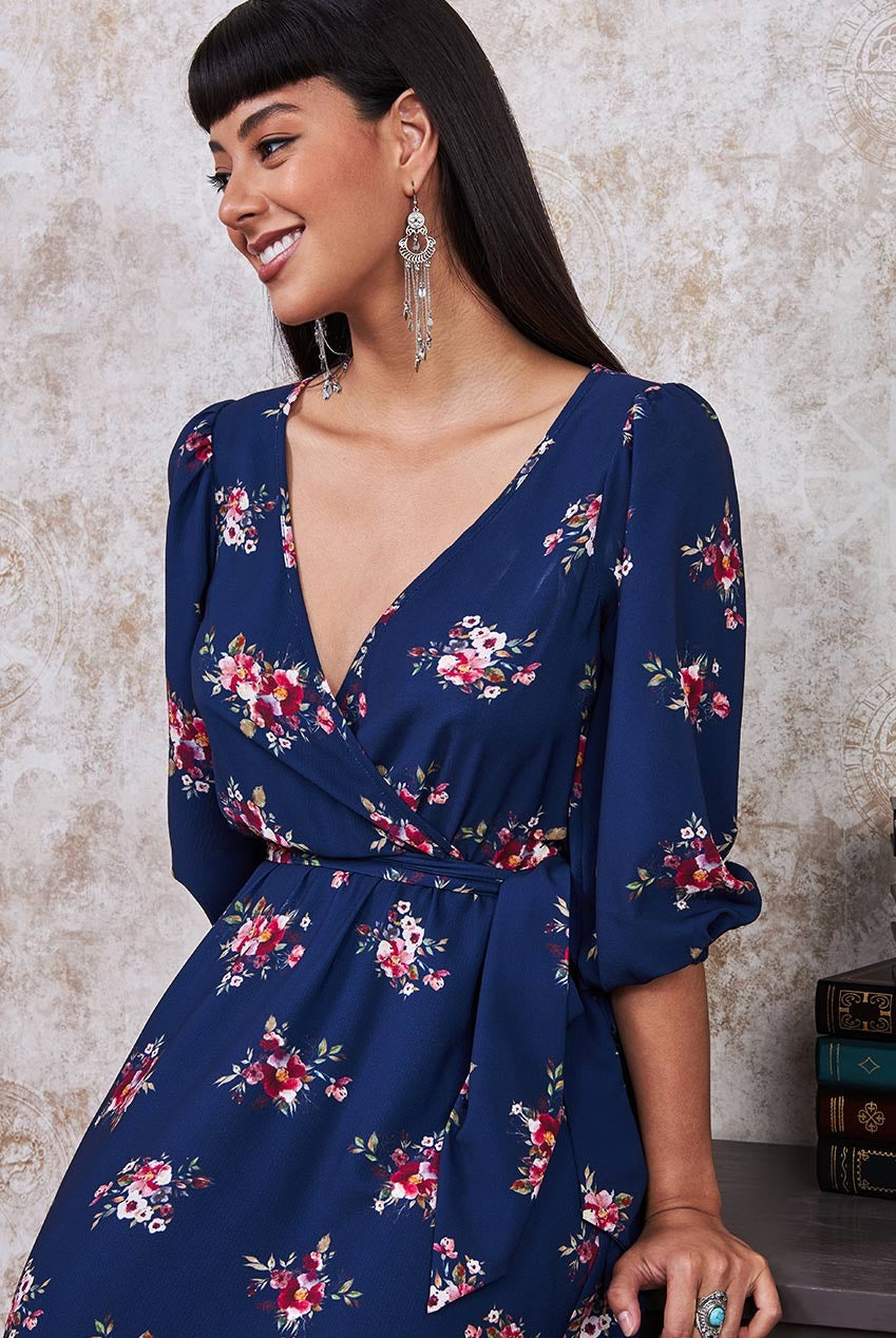 Wrap Style Floral Midi Dress - Navy DR3299