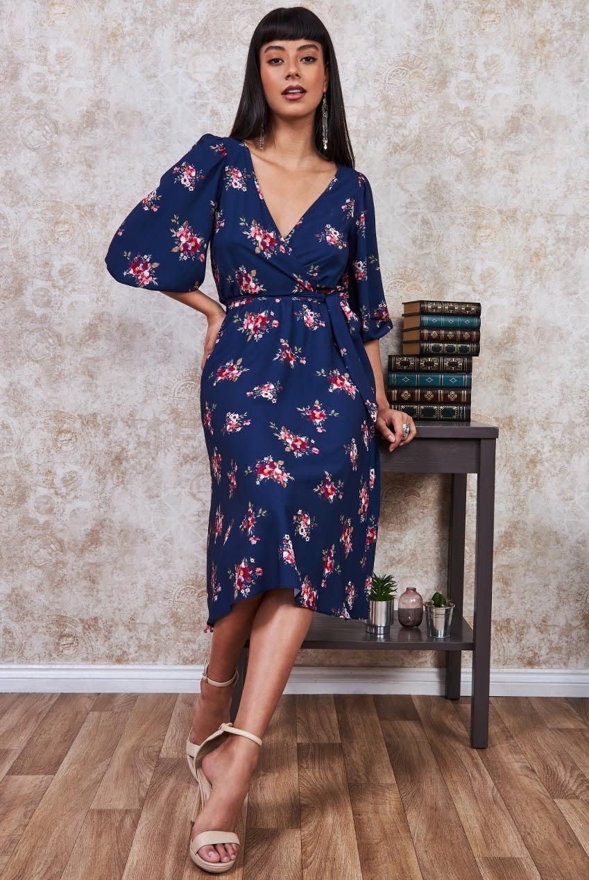 Wrap Style Floral Midi Dress - Navy DR3299