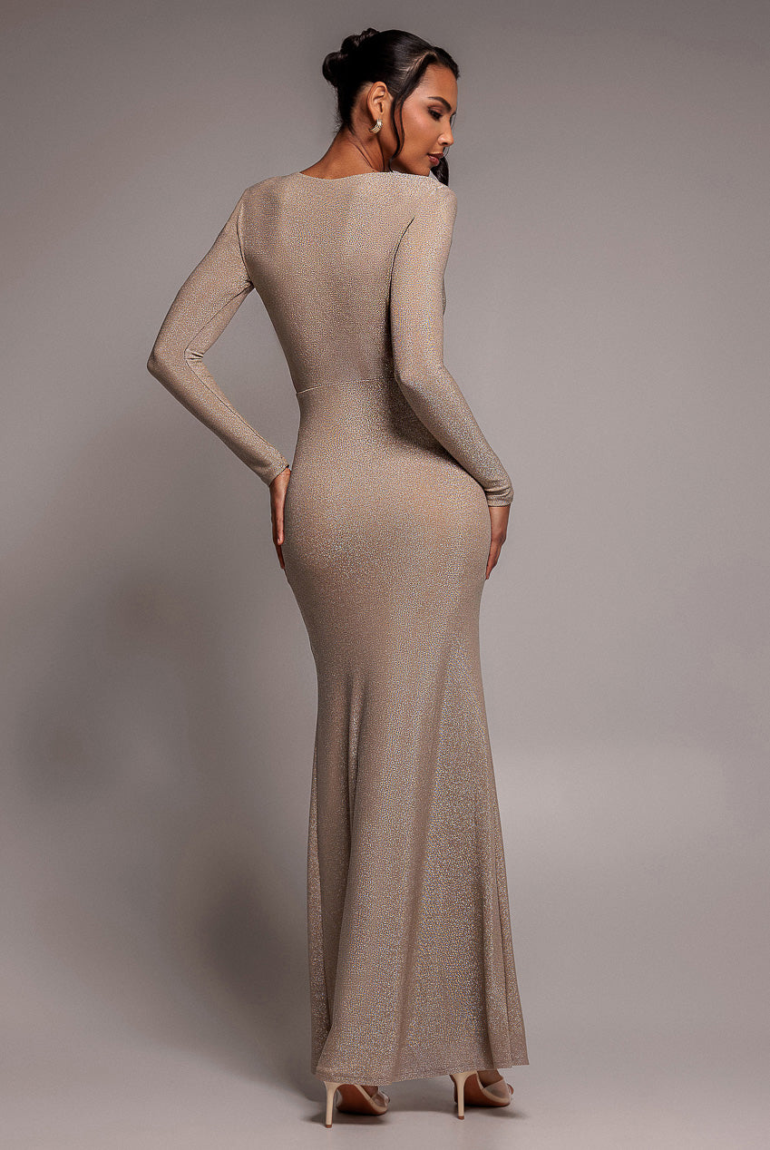 Plunge Neck Wrap Front Split Lurex Maxi Dress - Nude DR3314