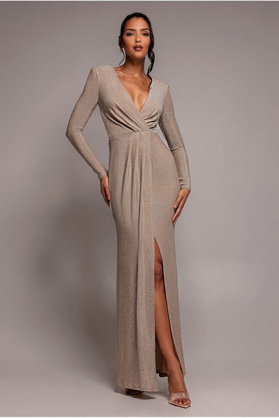 Plunge Neck Wrap Front Split Lurex Maxi Dress - Nude by Goddiva