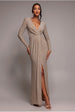 Plunge Neck Wrap Front Split Lurex Maxi Dress - Nude by Goddiva