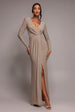 Plunge Neck Wrap Front Split Lurex Maxi Dress - Nude by Goddiva