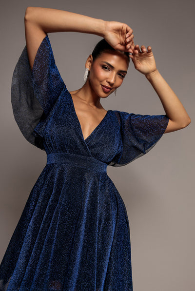 Sparkle Lurex Wrap Mini Skater Dress - Navy Blue by Goddiva