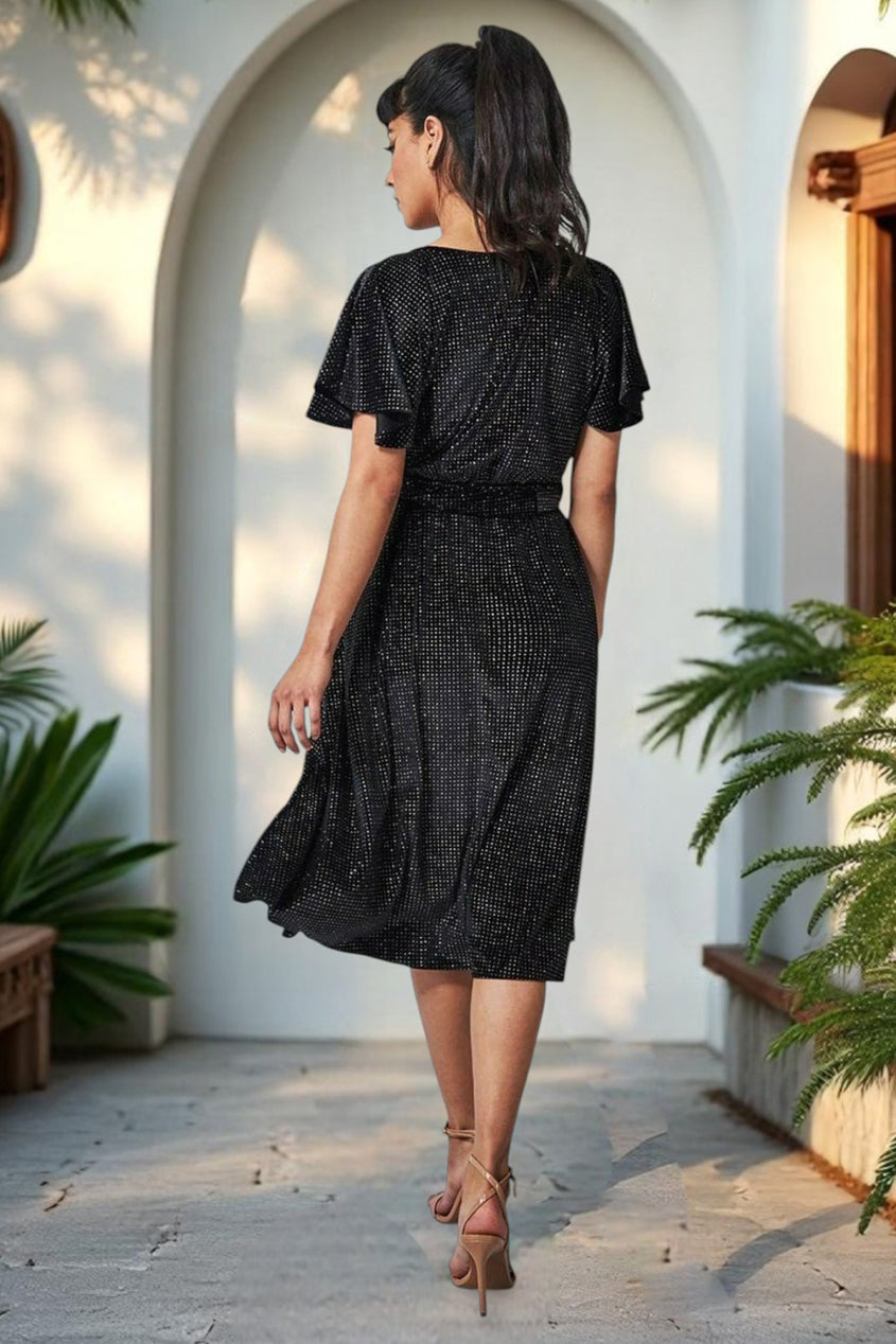 Sparkle Wrap Style Flutter Sleeve Midi Dress - Black DR3318
