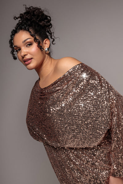 Sequin Cowl Neck Midi Dress - Champagne by Goddiva Plus