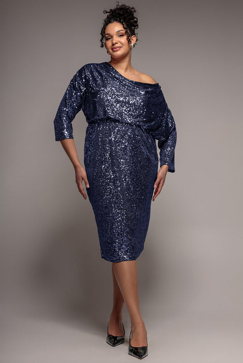 Sequin Cowl Neck Midi Dress - Navy by Goddiva Plus
