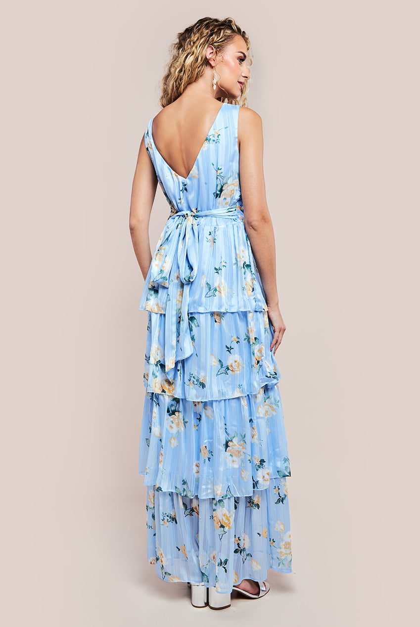 Tiered Chiffon Floral Maxi Dress - Powder Blue DR3328
