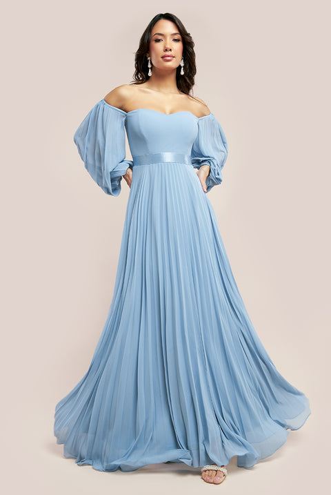 Bardot Chiffon Pleated Maxi - Blue by Goddiva