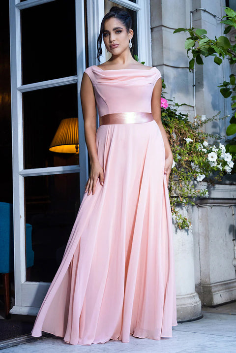 Cowl Neck Chiffon Maxi Dress - Blush Pink by Goddiva