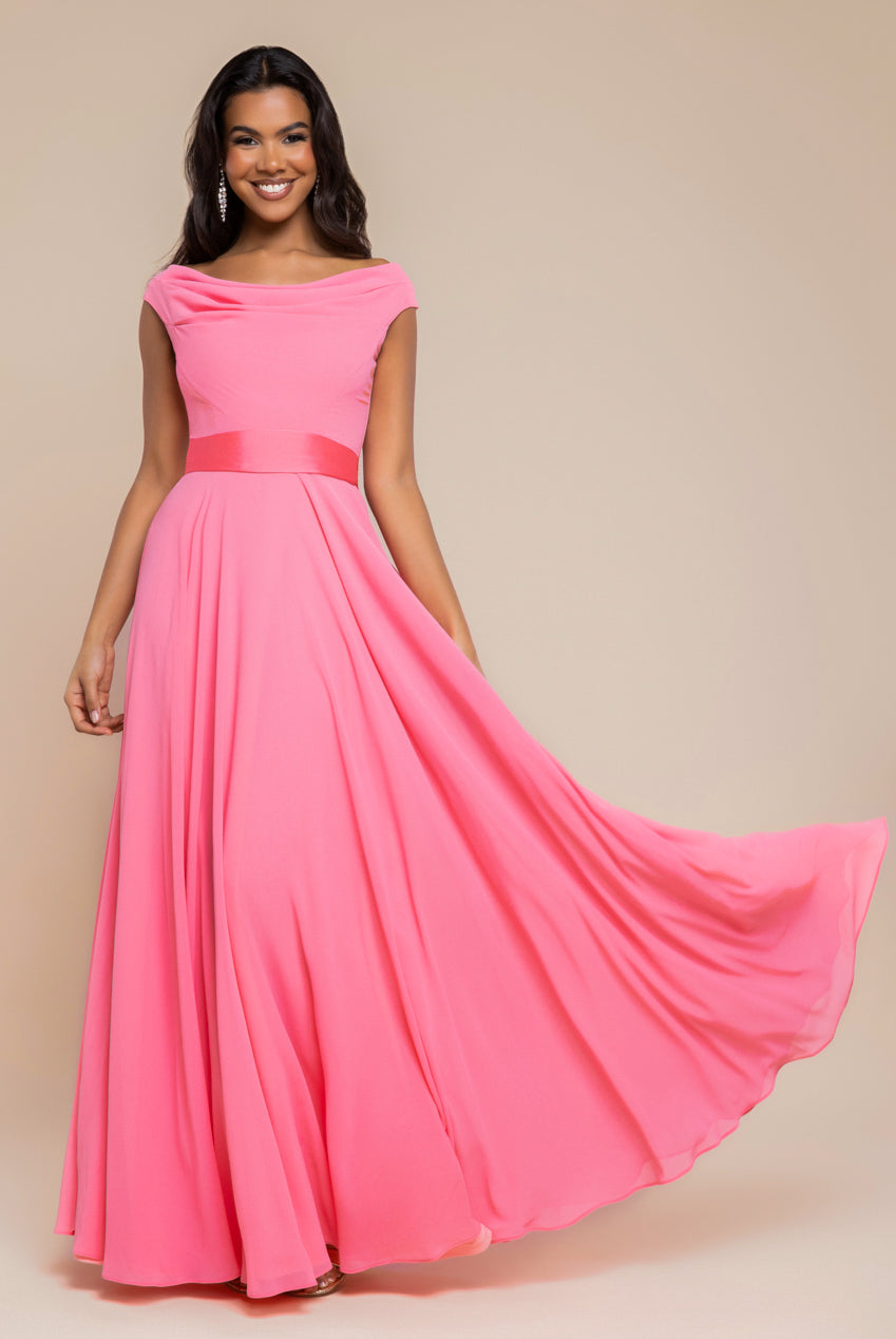 Cowl Neck A-Line Chiffon Maxi Dress - Coral DR3335A