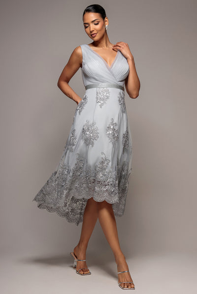 Pleated Satin Bodice High And Low Dress - Grey by Goddiva
