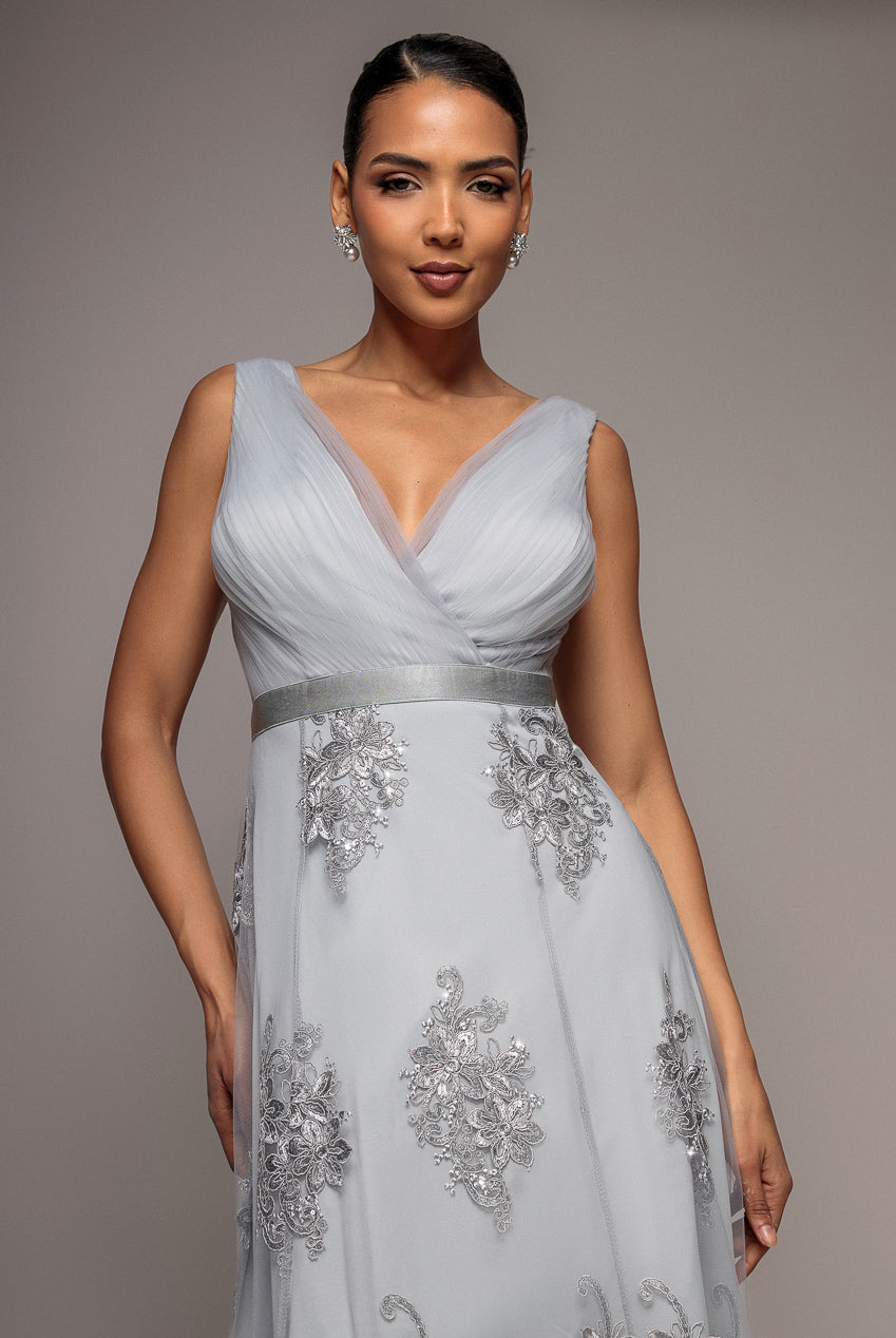 Pleated Satin Bodice High And Low Dress - Grey DR3337QZ