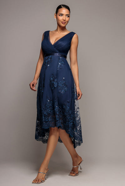 Pleated Satin Bodice High And Low Dress - Navy by Goddiva