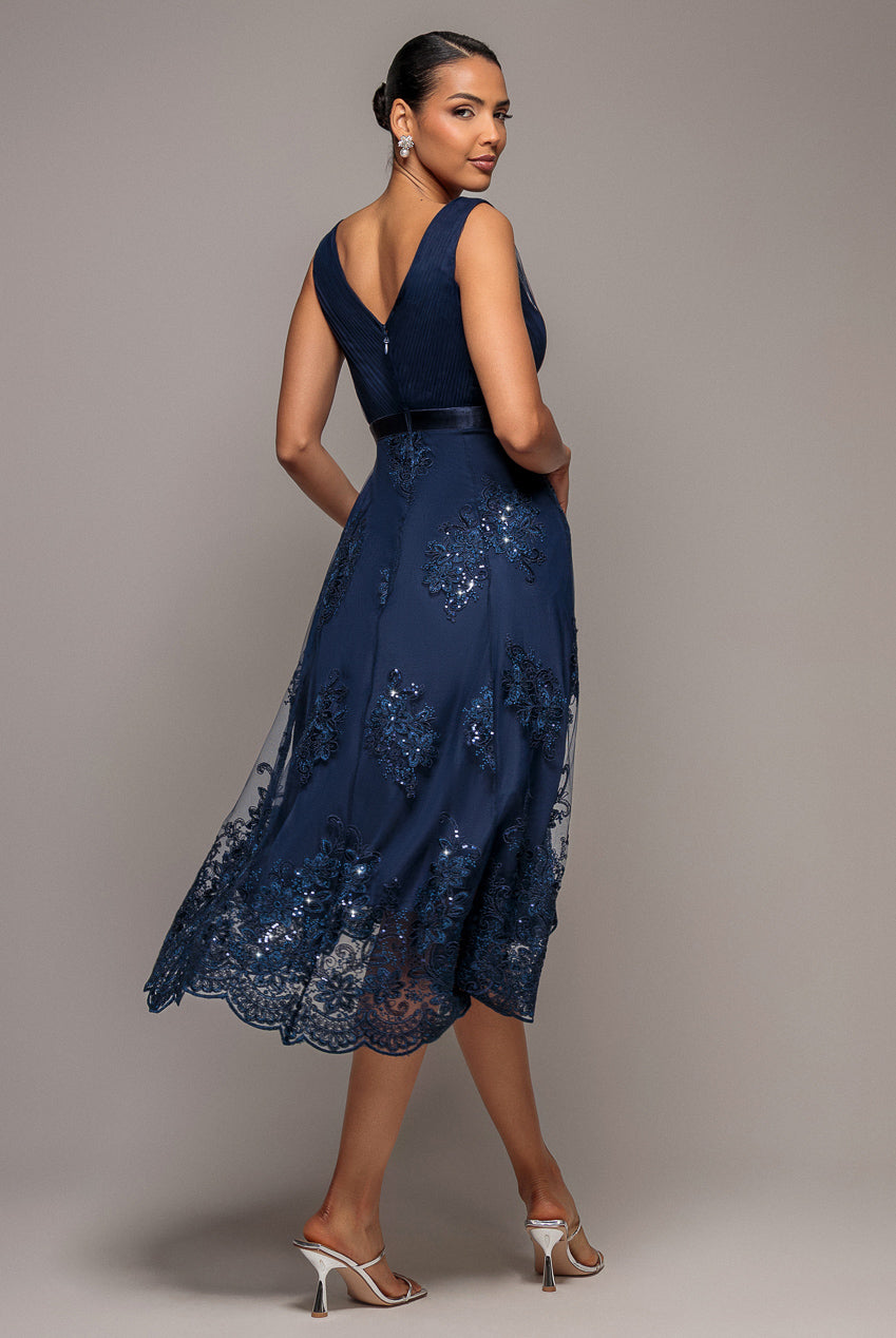 Pleated Satin Bodice High And Low Dress - Navy DR3337QZ