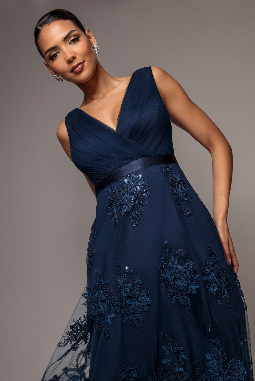 Pleated Satin Bodice High And Low Dress - Navy DR3337QZ