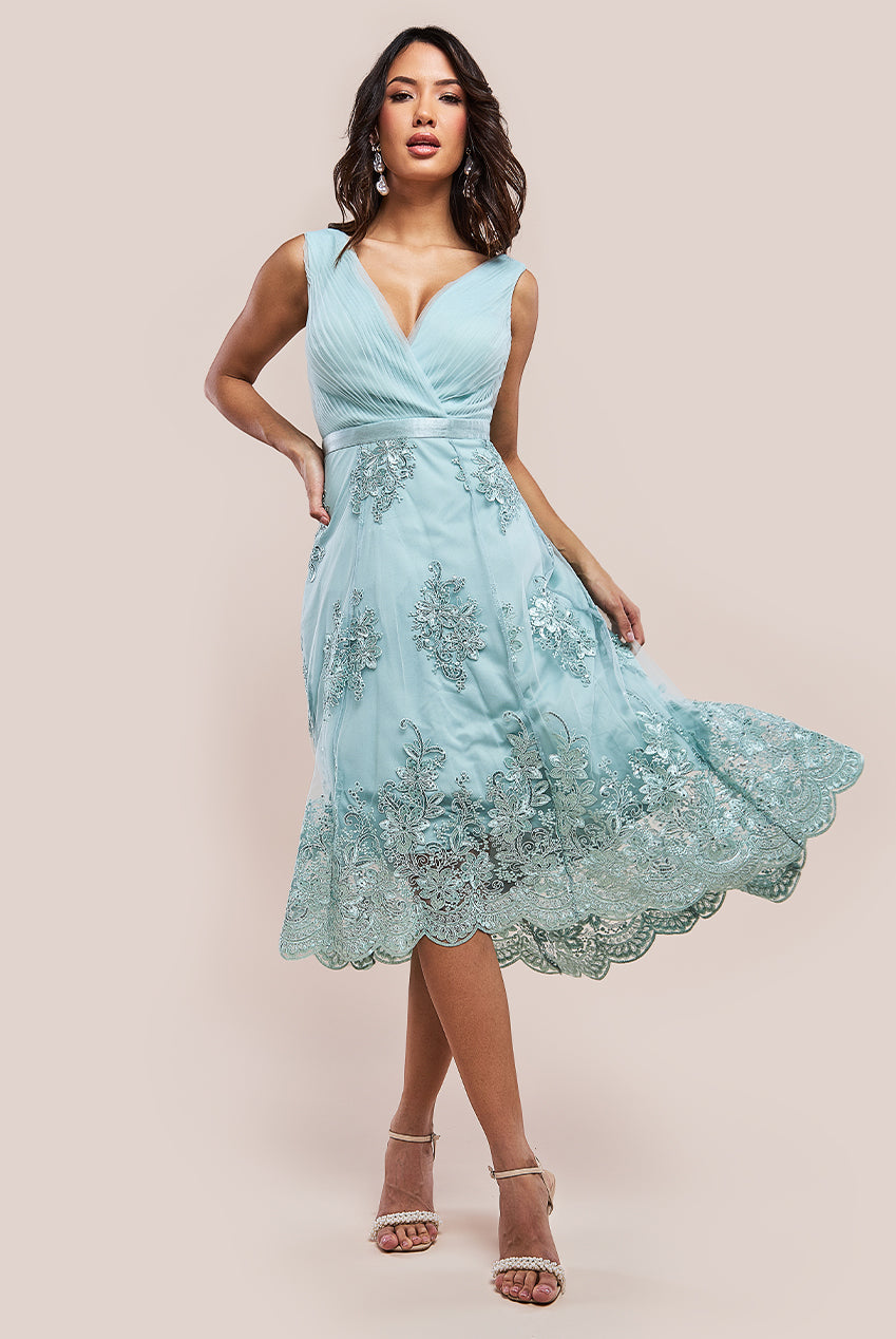 Pleated Satin Bodice High And Low Dress - Sage Green DR3337QZ