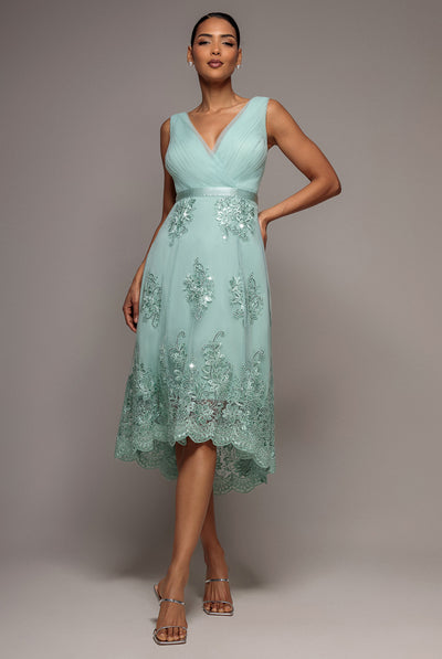 Pleated Satin Bodice High And Low Dress - Sage Green by Goddiva