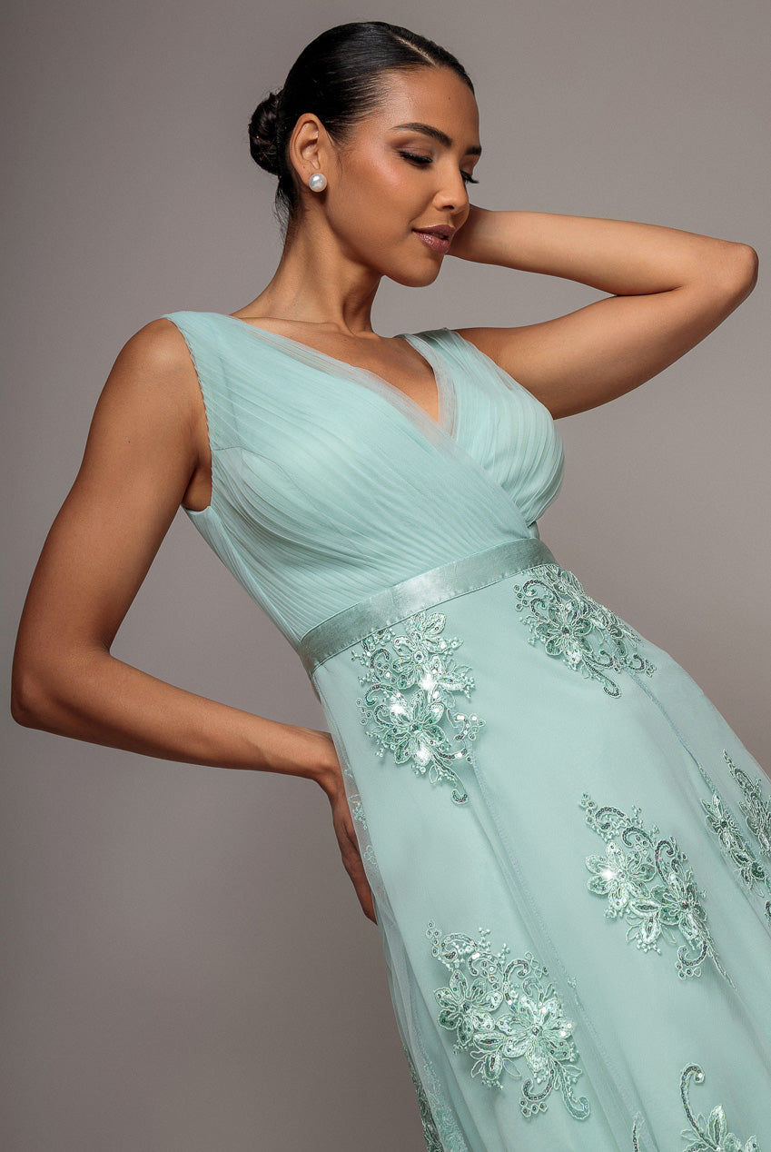 Pleated Satin Bodice High And Low Dress - Sage Green DR3337QZ