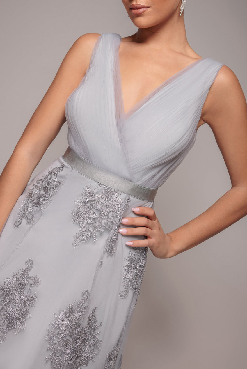 Pleated Satin Bodice High And Low Dress - Grey DR3337QZ